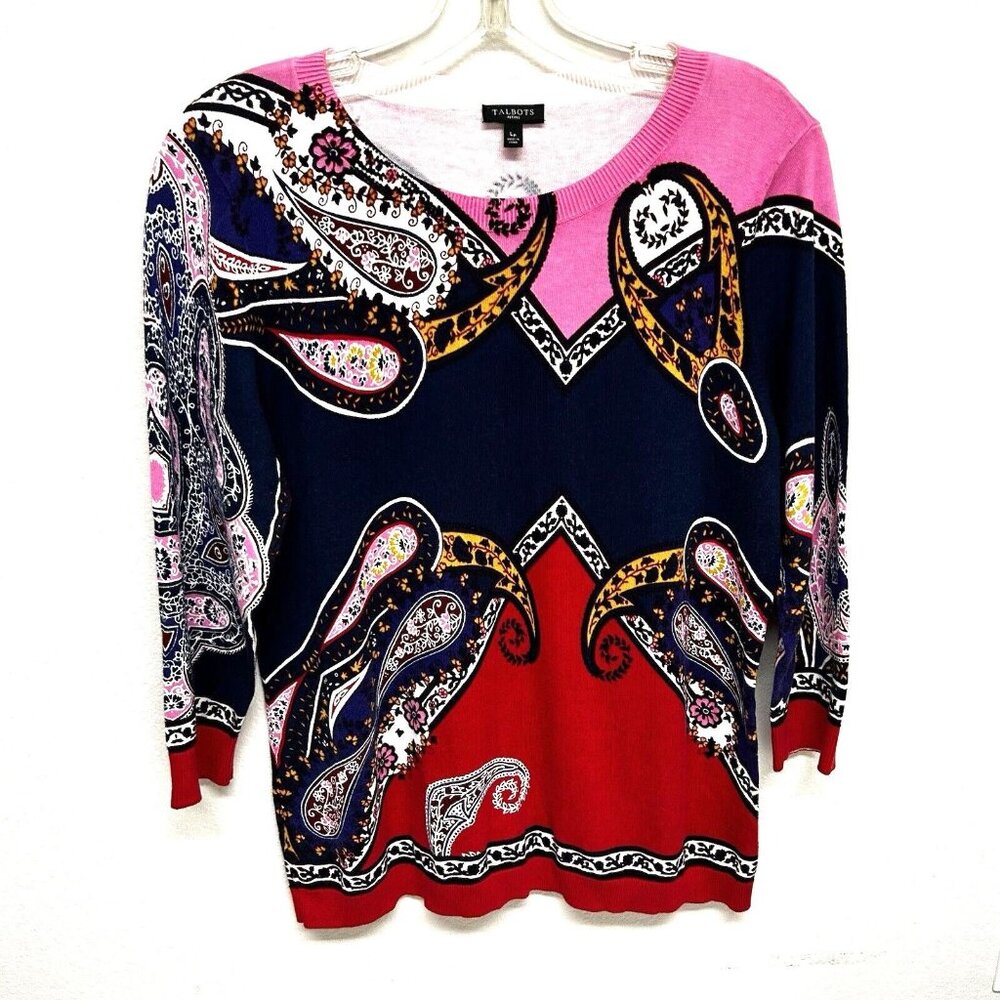 Talbots Petite Cotton Blend Sweater Top Paisley Stretch 3/4 Sleeve Multicolor LP